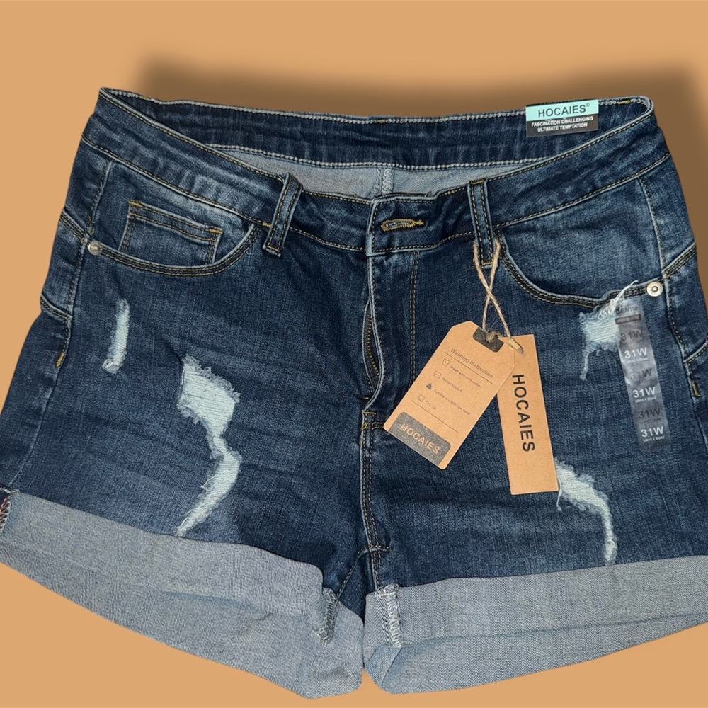 Distressed Blue Jean Shorts with Rolled Hem
